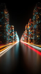 Quantum security visualization of glowing quantum key distribution along a digital skyline at night