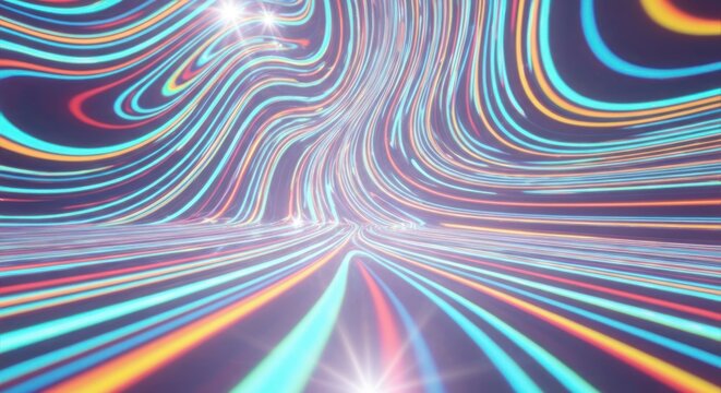 Abstract, vivid, colorful, streaming lines converge into a light focal point