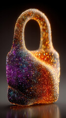 Unique lock made of quantum particles glows with vibrant waves of color in a futuristic design