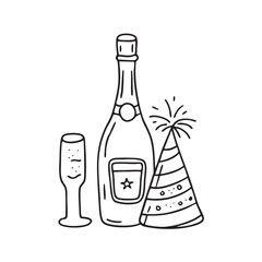 New Year champagne bottle arranged next to a decorative party hat