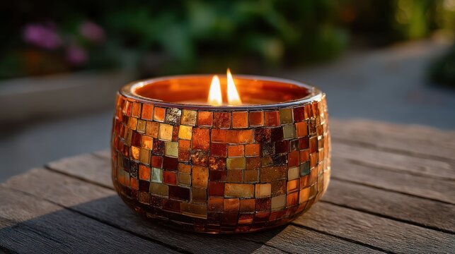 Lit candle in amber mosaic holder on wood, blurred garden background