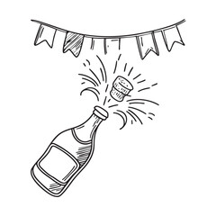 New Year champagne cork popping near a bright festive banner