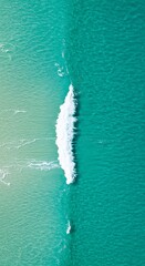 Topdown view of a turquoise ocean with a prominent white wave cresting vertically through the center