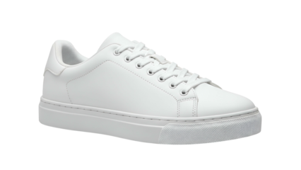 Clean, minimalist white leather athletic footwear is displayed against a solid black background.