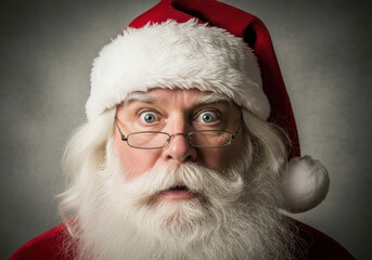 Closeup portrait of a surprised santa claus with wide eyes and a thick white beard, wearing glasses and a red hat