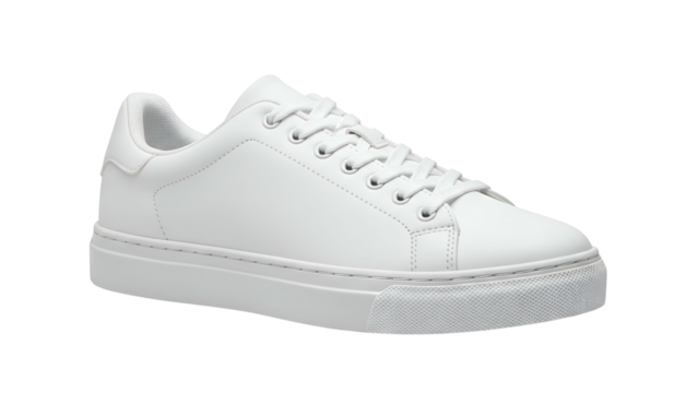 Clean, minimalist white leather athletic footwear is displayed against a solid black background.
