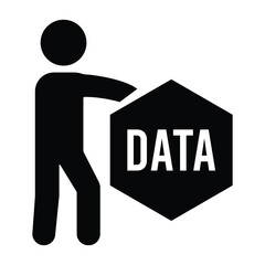 Data security vector icon of person interacting with hexagonal database symbol in minimalist black silhouette style