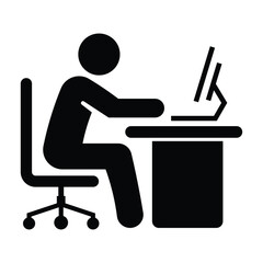 Office worker vector icon of person sitting at desk using computer in minimalist black silhouette style