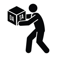 Data management vector icon of person carrying labeled cube symbolizing storage or digital transfer in minimalist silhouette style