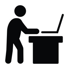 Ergonomic standing desk vector icon of person working on laptop with straight posture in minimalist silhouette style