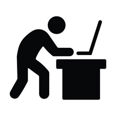 Standing desk vector icon of person working on laptop in minimalist black silhouette style