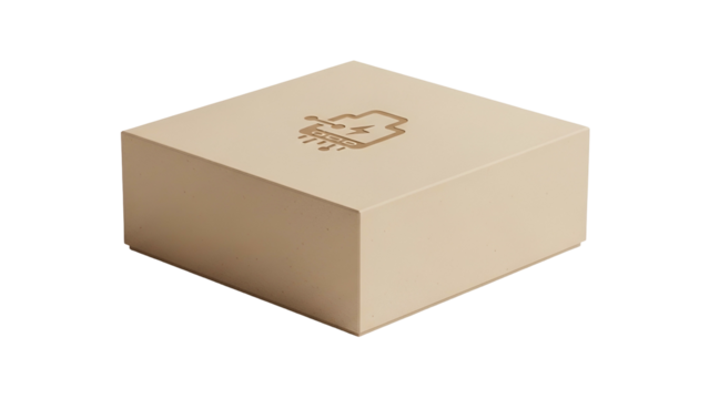 Small rectangular package with etched electronic diagnostic symbol resting on a black background