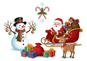 Santa claus in a sleigh with a reindeer, next to a snowman and gifts, celebrating christmas