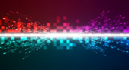 An abstract, digital artwork featuring flowing neon-colored lines against a deep navy blue background. The wavy cyan, magenta, and purple lines overlap dynamically, surrounded by glowing particles. Th