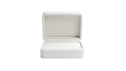 Rectangular white container with hinged lid displayed open against a dark background