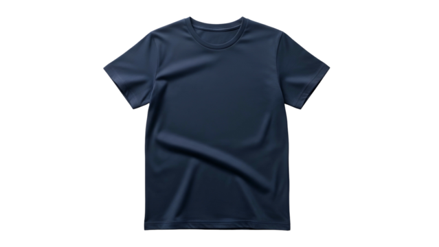 Plain navy blue athletic short sleeve top displayed against a solid black background