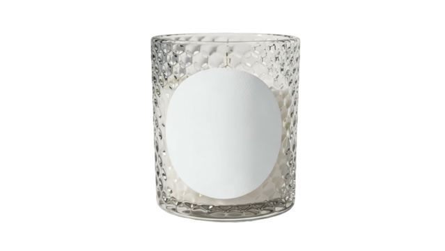 Textured glass container holds unscented wax product with a blank label centerpiece against a black background