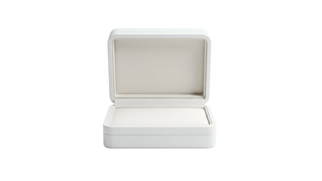 Rectangular white container with hinged lid displayed open against a dark background