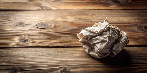 A crumpled ball of aged paper rests on a rustic wooden surface, a poignant symbol of discarded ideas or forgotten memories.