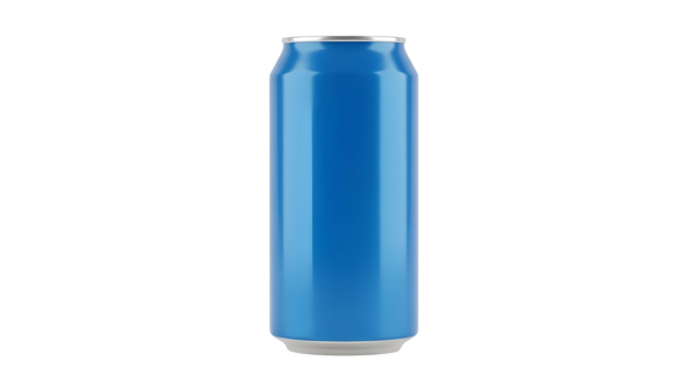 Blank blue beverage container stands centered against a black background