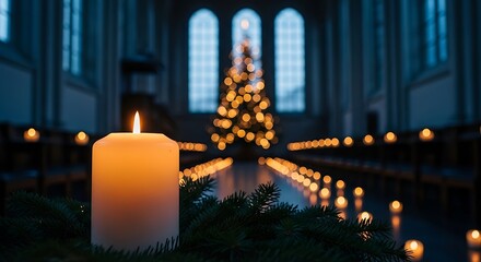 Photo of a solemn and beautiful christmas scene inside a grand hall or church, with a decorated tree and rows of glowing candles creating a magical ambiance