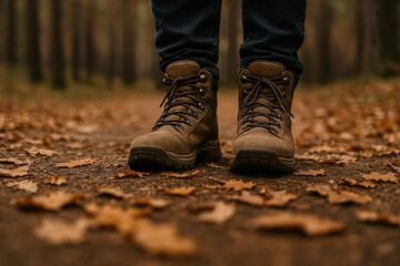 Person wearing hiking boots standing on autumn path
