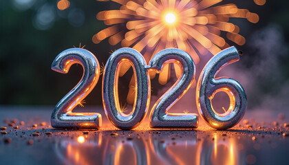 Glittery &ldquo;2026&rdquo; numbers with fireworks in night sky, vibrant New Year celebration