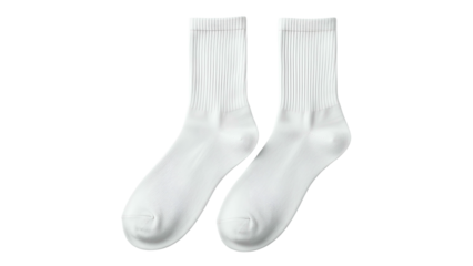Pair of plain white crew length cotton garments for feet displayed on a solid black background