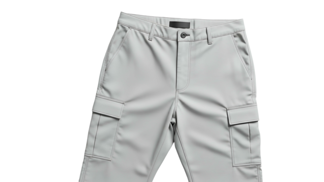 Close up view of light gray utility pants featuring cargo pockets displayed against a solid black background