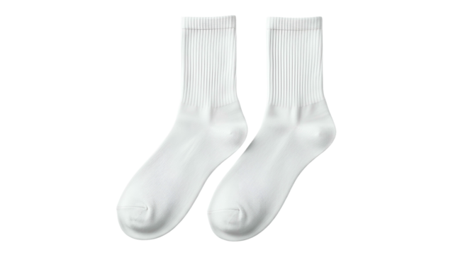 Pair of plain white crew length cotton garments for feet displayed on a solid black background