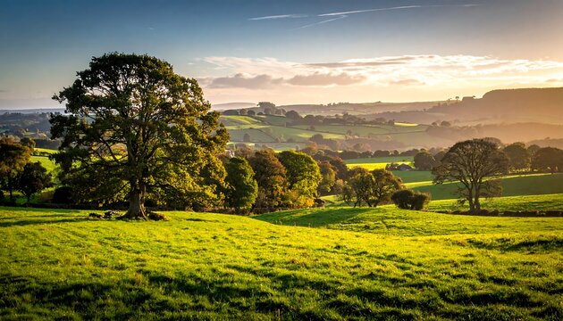 Rolling hills in soft sunlight display trees, meadows, and a hazy distant view. Verdant, peaceful landscape portrays beauty
