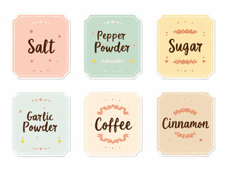 Vintage spice labels featuring salt, pepper, sugar, garlic, coffee, and cinnamon, perfect for organizing your kitchen
