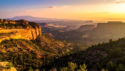 Scenic vista of a vast canyon landscape at sunset. Golden light bathes rock formations and valleys. Distant mountains are shrouded in haze