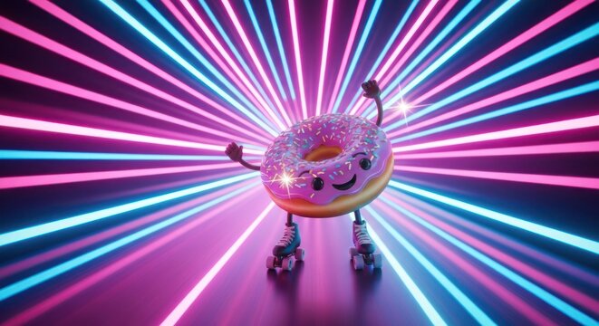 Animated donut on roller skates, beaming with neon energy behind it - Powered by Adobe