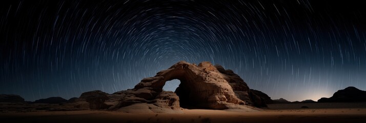 Majestic nighttime rock arch under stunning star trails in desert landscape