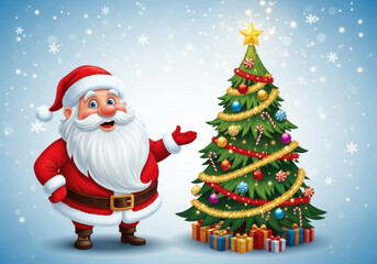 Cartoon santa claus standing next to a decorated christmas tree with presents underneath, on a snowy blue background
