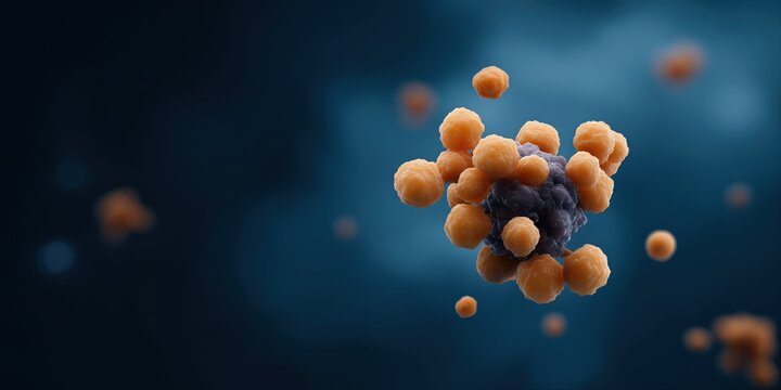 Abstract orange and blue molecular structure on dark background