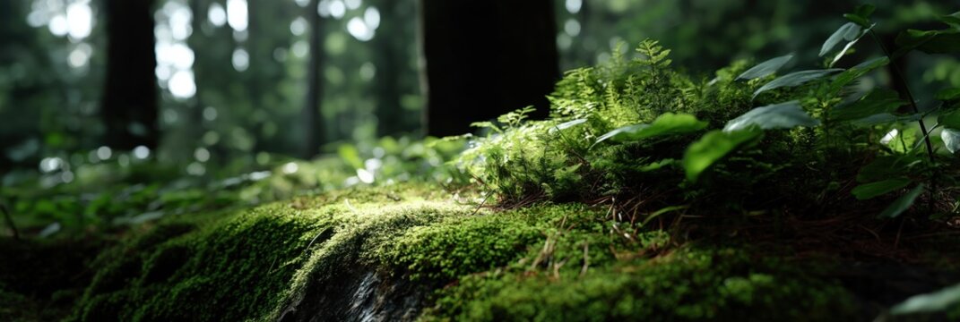 Lush forest floor with moss and ferns in sunlight