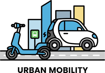 Illustration of urban mobility featuring an electric scooter and a small electric car charging in a city setting with buildings in the background.