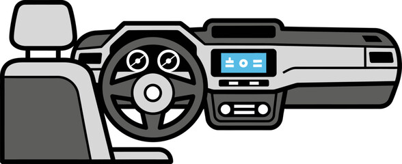 Modern car interior view with dashboard, steering wheel, and digital display screen. Flat vector illustration of an automobile cockpit