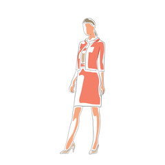 Isolated vector illustration of standing businesswoman. Professional woman in office outfit, drawn in thin line art with flat color fill.