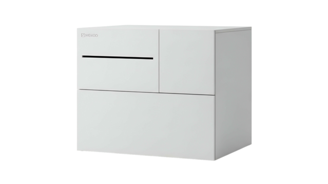 Minimalist white rectangular outdoor mailbox or delivery receptacle isolated against black background