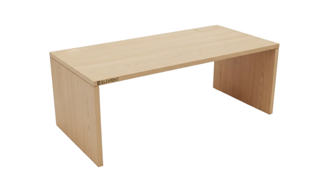 Minimalist light wood rectangular table shown against a solid black background