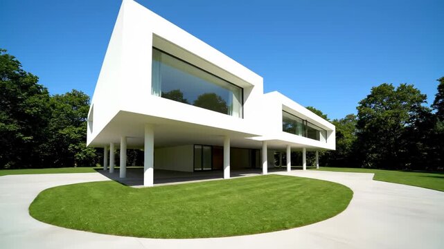 Modern white house on stilts with large windows surrounded by lush green trees and a clear blue sky