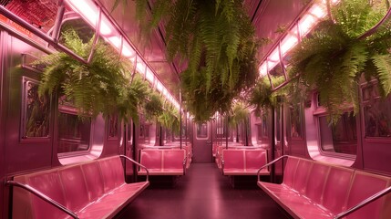 Surreal Pink Botanical Subway Car Interior with Hanging Green Ferns