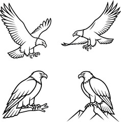 Four black and white line art eagles in various poses
