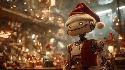 Futuristic Humanoid Robot Santa Helper Working in Christmas Workshop