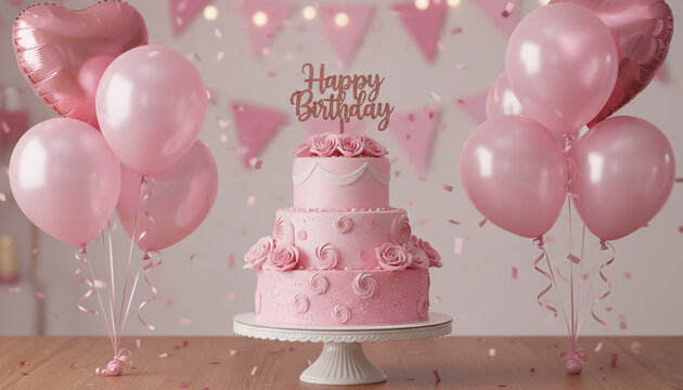 ピンク色の豪華な3段バースデーケーキとたくさんのバルーンで飾られた誕生日パーティーのイメージ
