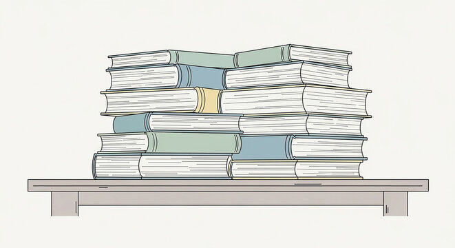 A tall stack of various books is neatly arranged on a simple wooden shelf, showcasing a collection of literature.