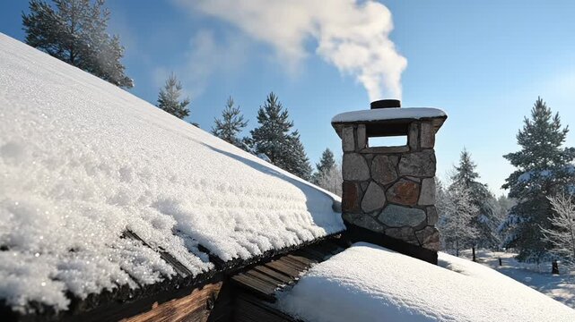 Sharp, static shot of wooden cabin roof covered with snow; thin smoke rising from chimney; clear visibility of roof texture and snow granules.